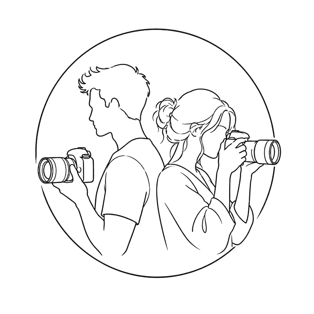 The Two Lens Media mark - two figures behind their cameras