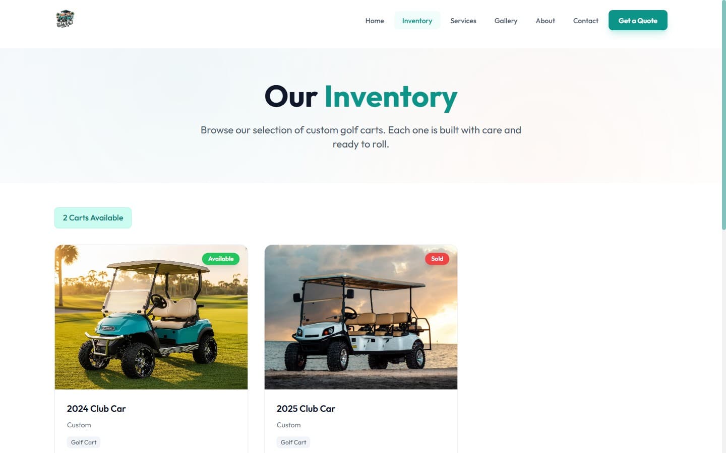 Jeff's Karts inventory page showing two custom golf carts for sale
